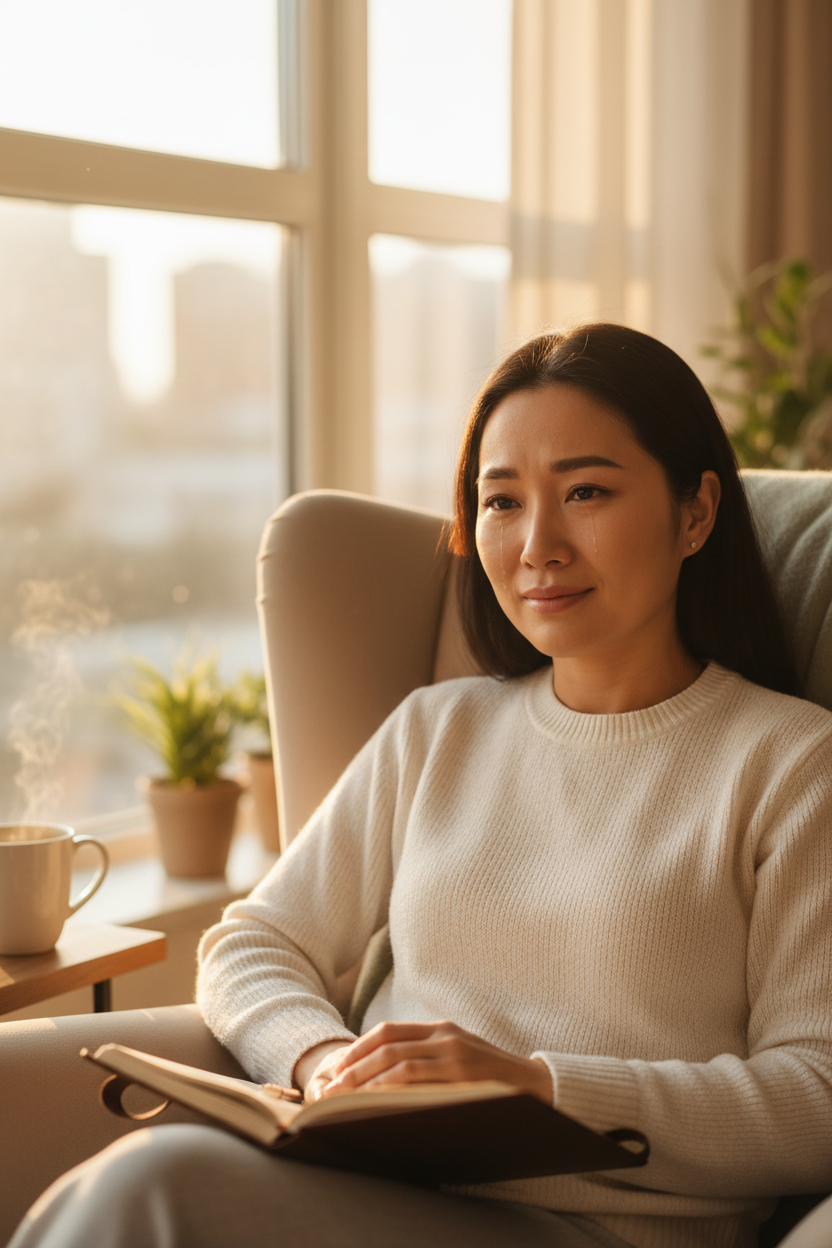 Why We Cry When Expressing Feelings | Shawni McDonald Woman calmly expressing emotion with tears, representing emotional regulation, vulnerability, nervous system safety, and confident communication. 