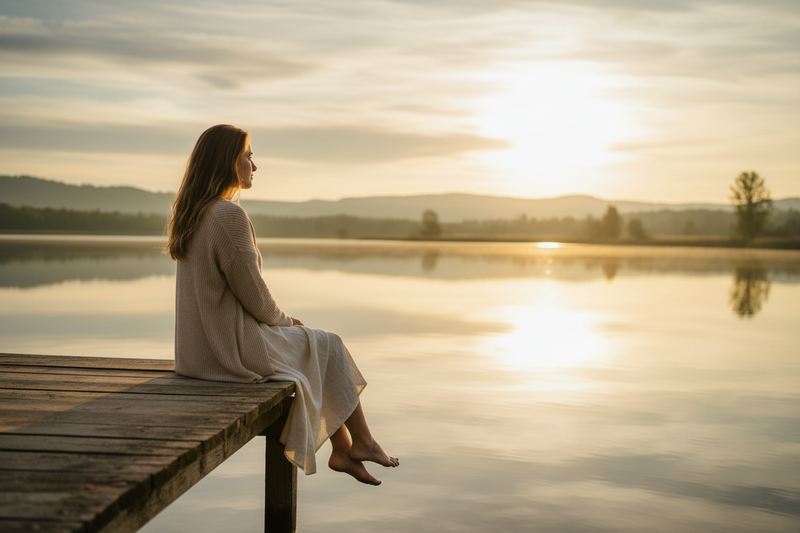 Peace doesn't feel empty. It only feels unfamiliar when chaos has felt like home. Woman sitting peacefully beside a calm lake representing nervous system healing, emotional safety, and learning to find peace after toxic relationships.