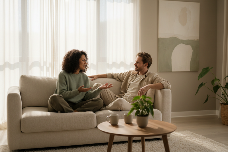 Couple communicating calmly in an emotionally safe relationship built on trust, respect, healthy boundaries, and mutual understanding.