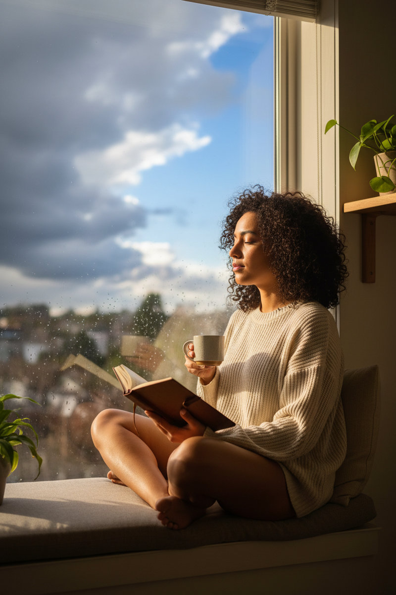Woman peacefully journaling as storm clouds clear, symbolizing overcoming overthinking, emotional regulation, and rebuilding self-trust.