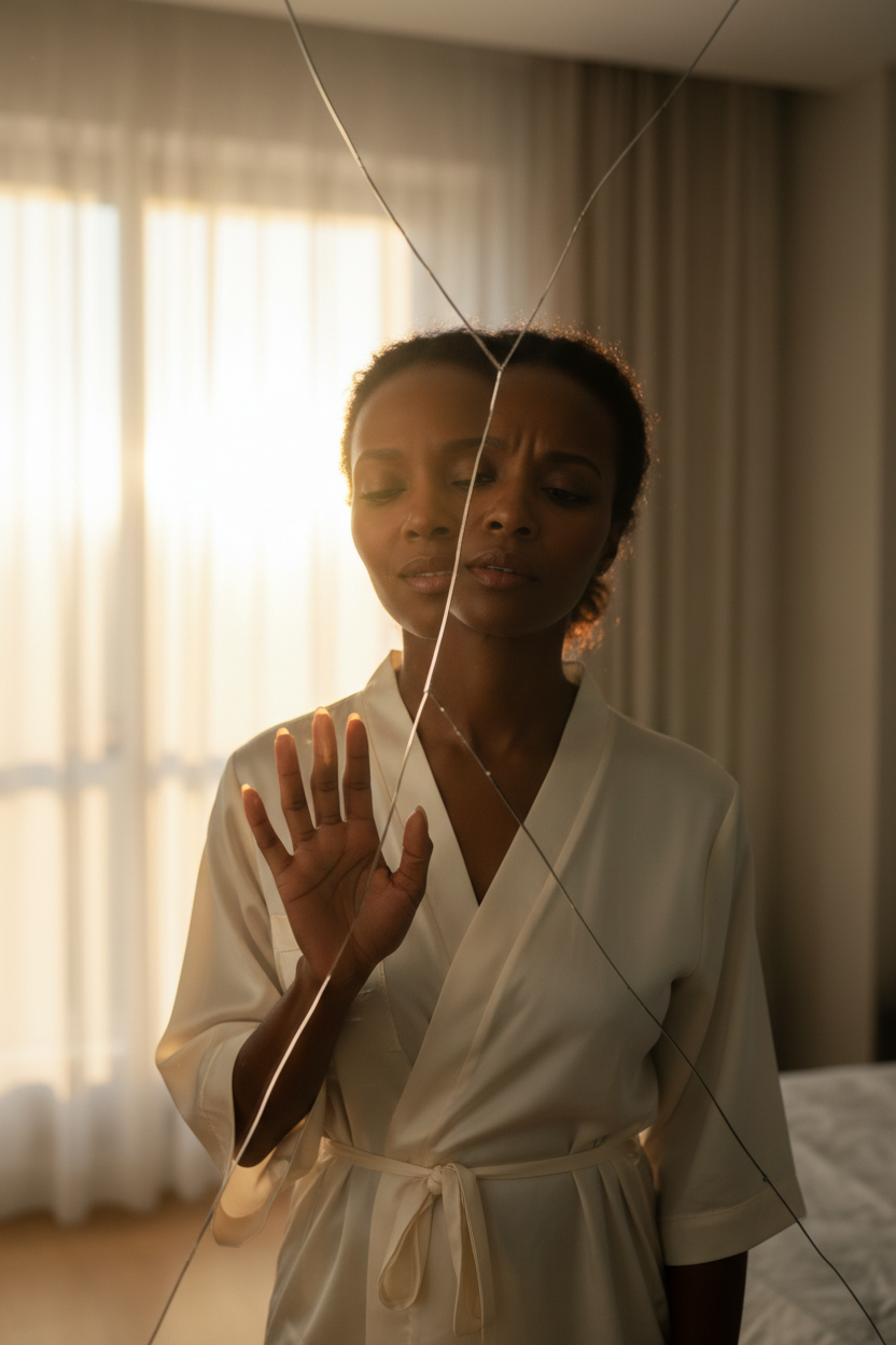 Making Excuses for Toxic Relationships | Shawni McDonald Woman standing before a cracked mirror representing cognitive dissonance, emotional clarity, and recognizing unhealthy relationship patterns.  