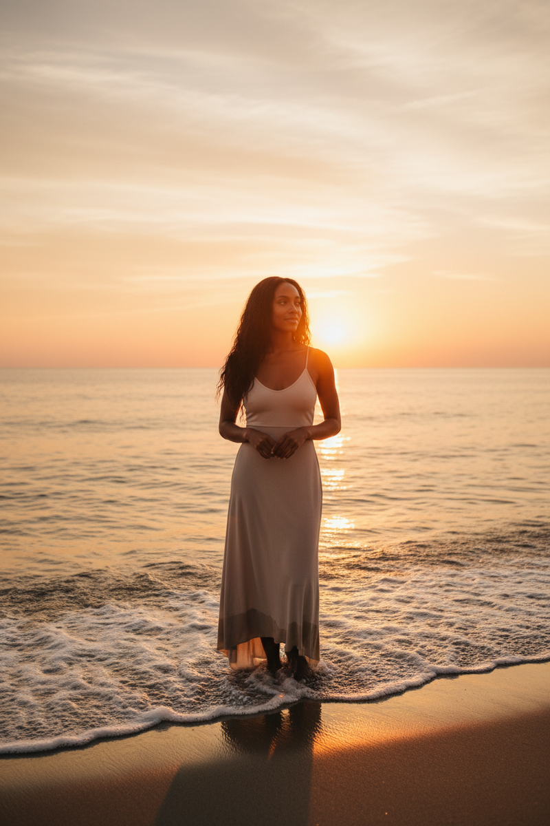 Woman standing confidently at the shoreline representing healthy emotional boundaries, self-respect, self-trust, and choosing herself.