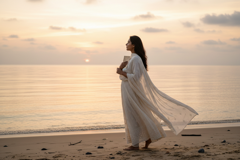 Hope and Reality in Relationships | Shawni Woman standing beside the ocean holding a letter, symbolizing letting go of future promises and choosing reality over potential. McDonald 
