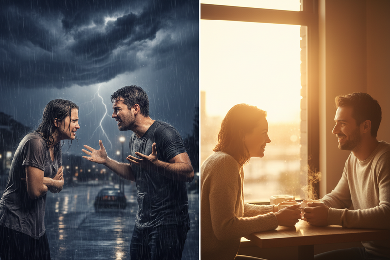 Comparison between emotional intensity and emotionally healthy love, illustrating chemistry versus compatibility in relationships.