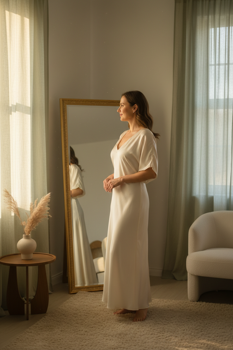 Woman rebuilding self-worth and confidence while looking at her reflection in a mirror, representing emotional healing, healthy relationships, self-trust, and psychology-backed personal growth by Shawni McDonald.