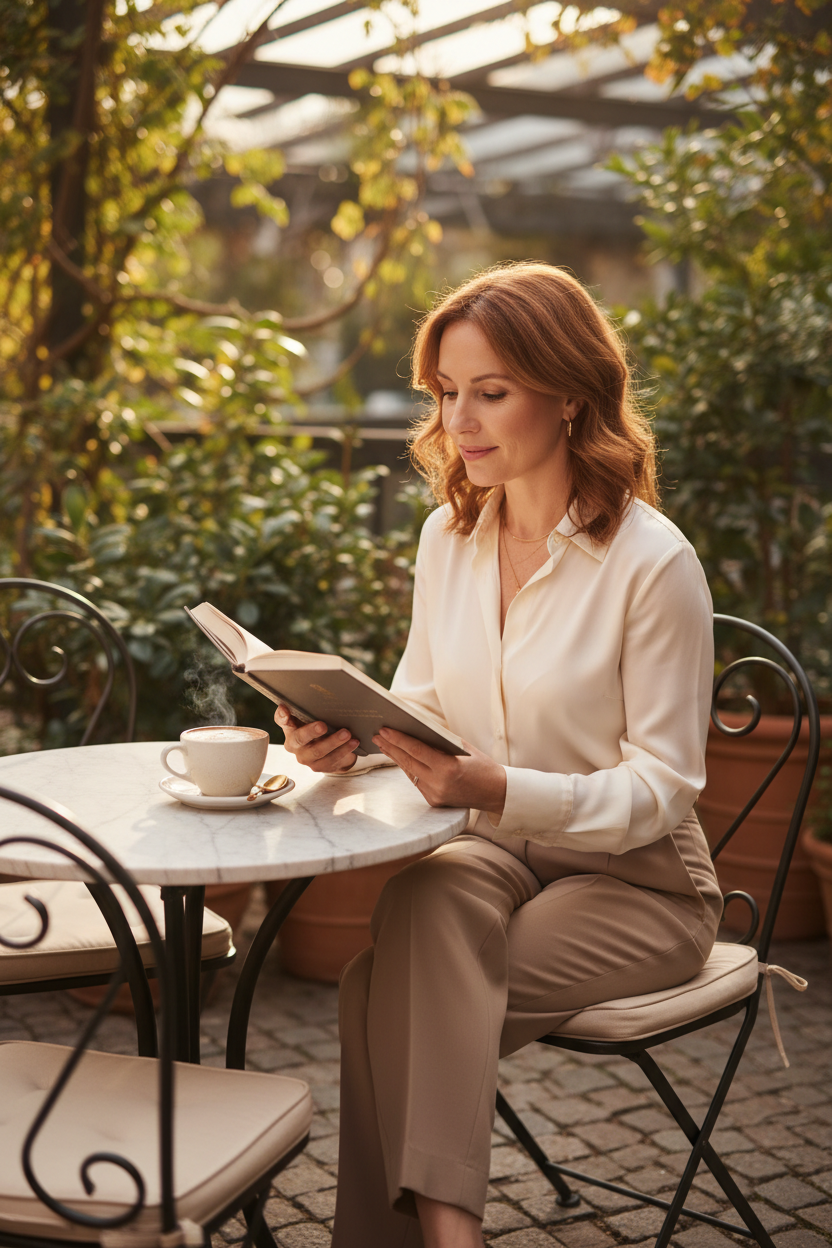 Enjoying Being Alone After Divorce | Shawni McDonald Woman peacefully enjoying coffee and reading alone after divorce, symbolizing self-trust, intentional solitude, and rebuilding a fulfilling life. 
