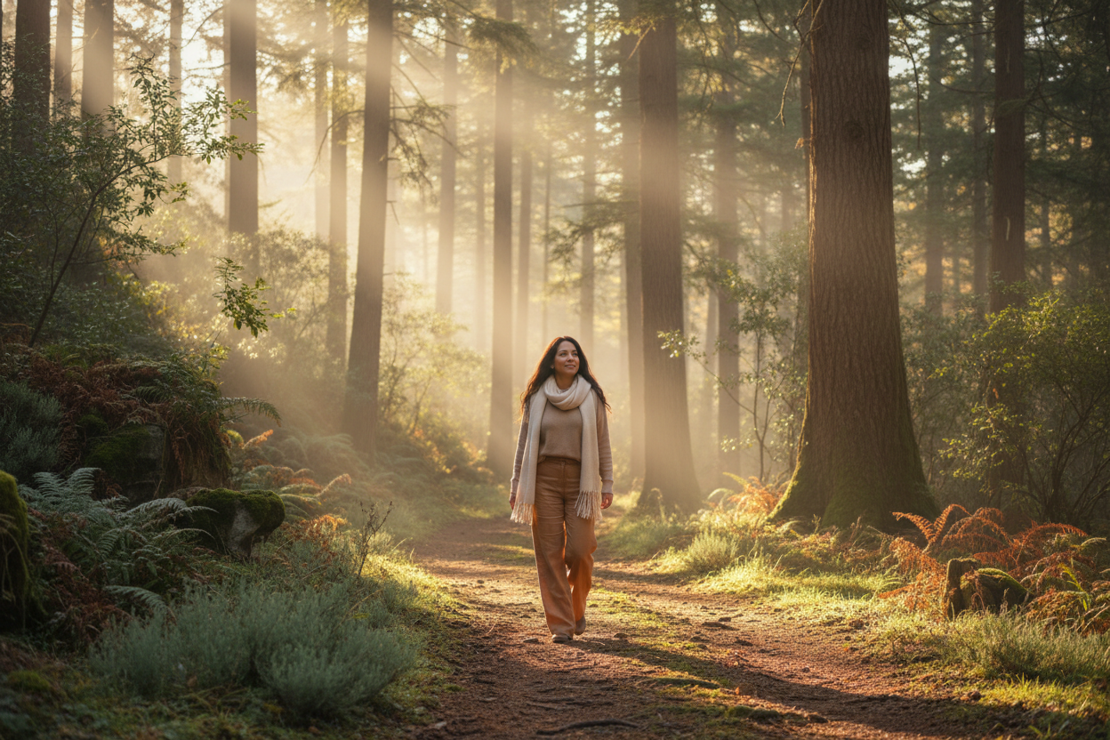 Woman walking peacefully through a sunlit forest representing emotional healing, self-trust, and recovery after a toxic relationship. Signs You're Healing Emotionally | Shawni McDonald