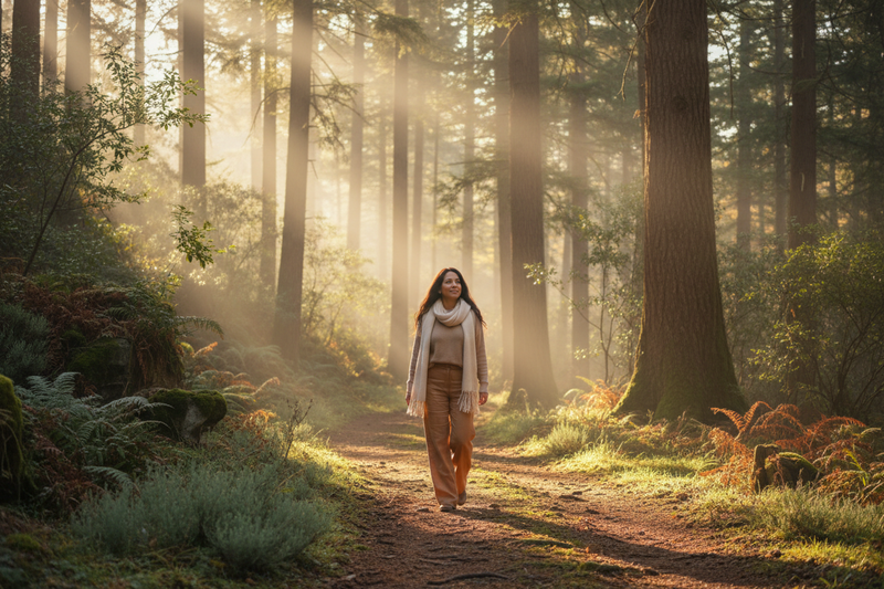 Woman walking peacefully through a sunlit forest representing emotional healing, self-trust, and recovery after a toxic relationship. Signs You're Healing Emotionally | Shawni McDonald