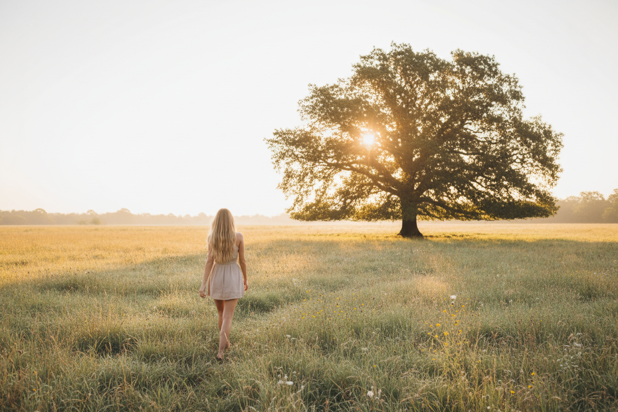 Woman walking confidently through a peaceful meadow, symbolizing rediscovering herself, rebuilding identity, and finding self-trust after a toxic relationship.