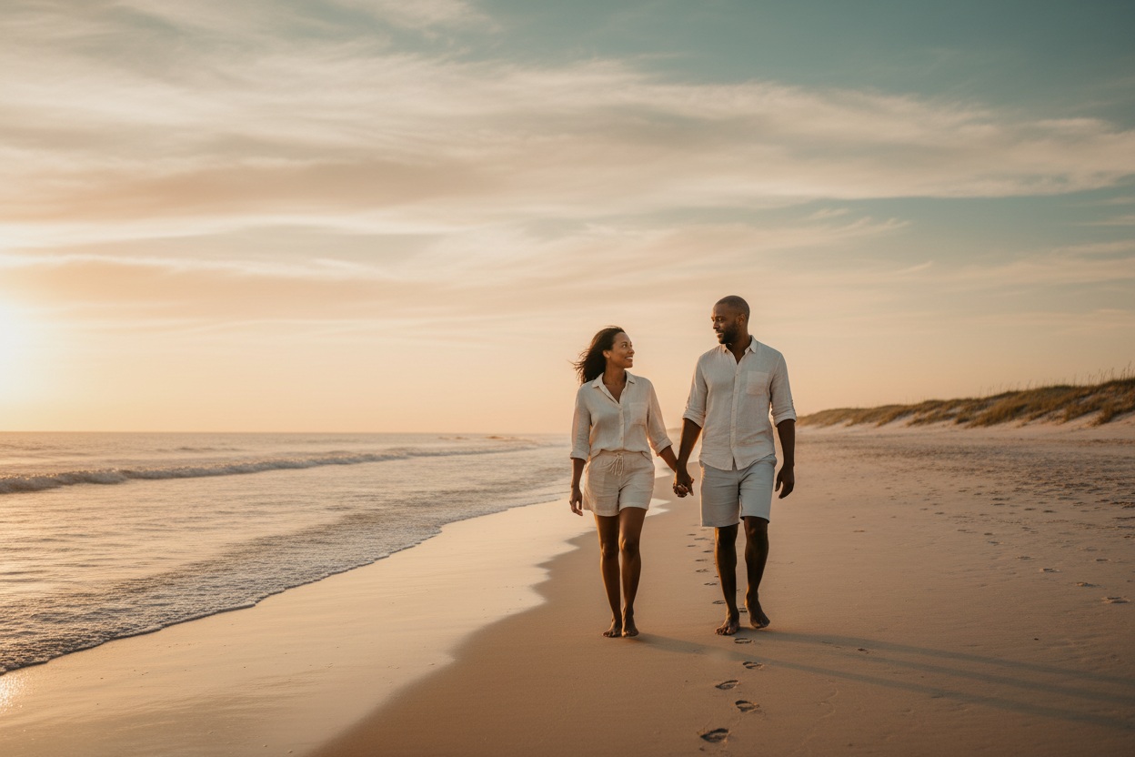 Couple enjoying a calm, emotionally healthy relationship characterized by trust, connection, and emotional safety.