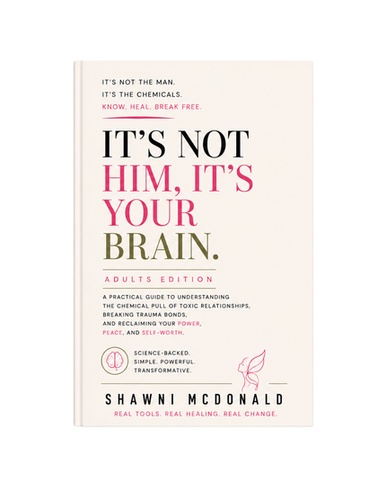 It's Not Him. It's Your Brain by Shawni McDonald, psychology-backed book explaining trauma bonds, toxic relationships, emotional addiction, CBT healing tools, emotional regulation, self-worth, healthy boundaries, and recovery from narcissistic abuse.