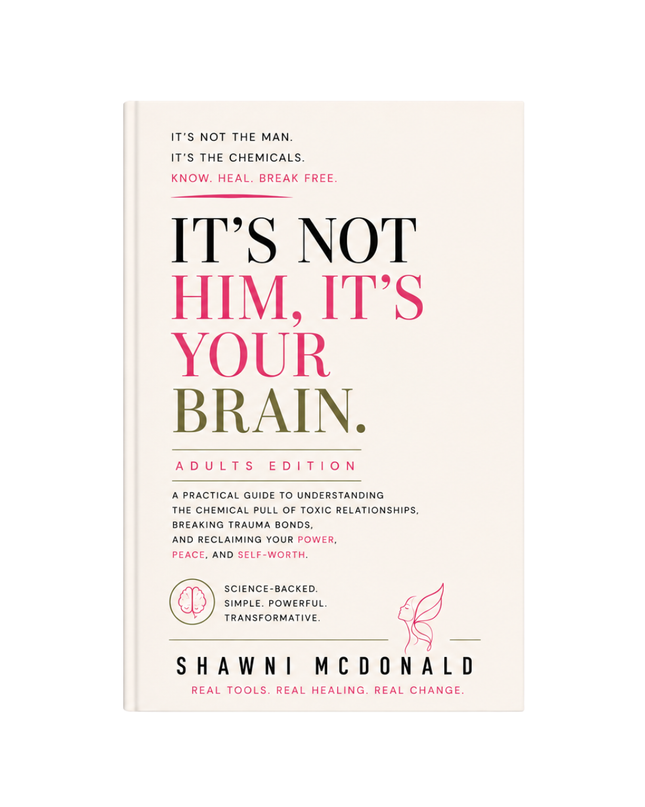 It's Not Him. It's Your Brain by Shawni McDonald, psychology-backed book explaining trauma bonds, toxic relationships, emotional addiction, CBT healing tools, emotional regulation, self-worth, healthy boundaries, and recovery from narcissistic abuse.