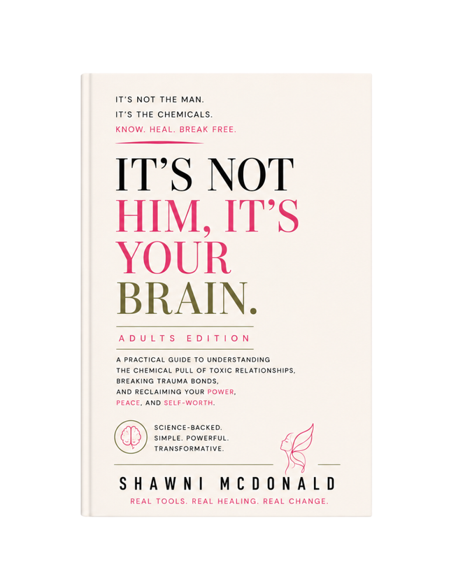 It's Not Him. It's Your Brain by Shawni McDonald, psychology-backed book explaining trauma bonds, toxic relationships, emotional addiction, CBT healing tools, emotional regulation, self-worth, healthy boundaries, and recovery from narcissistic abuse.