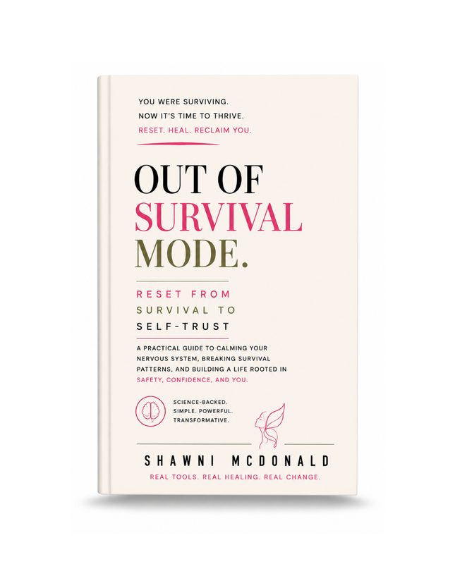 Out Of Survival Mode by Shawni McDonald, nervous system healing guide using CBT tools to reduce anxiety, rebuild self-trust, emotional resilience, and recovery from chronic stress.