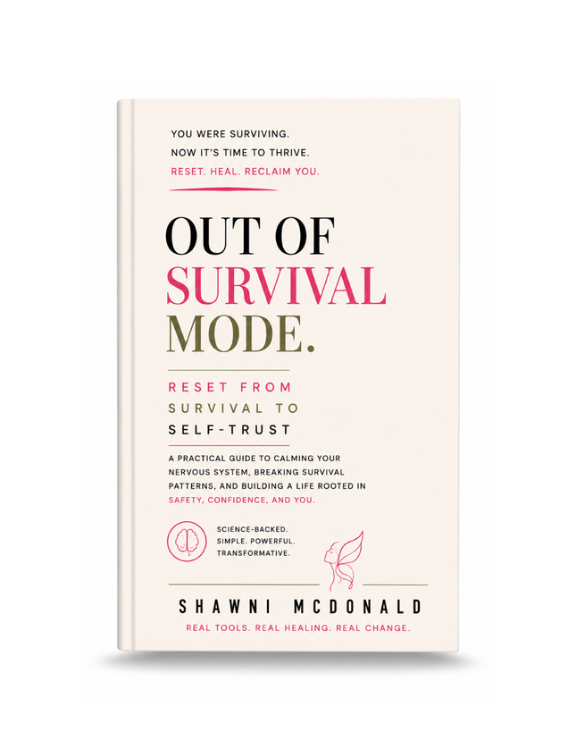 Out Of Survival Mode by Shawni McDonald, nervous system healing guide using CBT tools to reduce anxiety, rebuild self-trust, emotional resilience, and recovery from chronic stress.