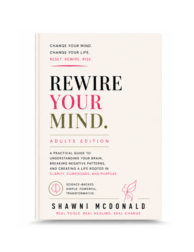 Rewire Your Mind Adults Edition by Shawni McDonald, CBT workbook for anxiety, overthinking, emotional regulation, confidence, self-worth, mindset transformation, and mental wellness.